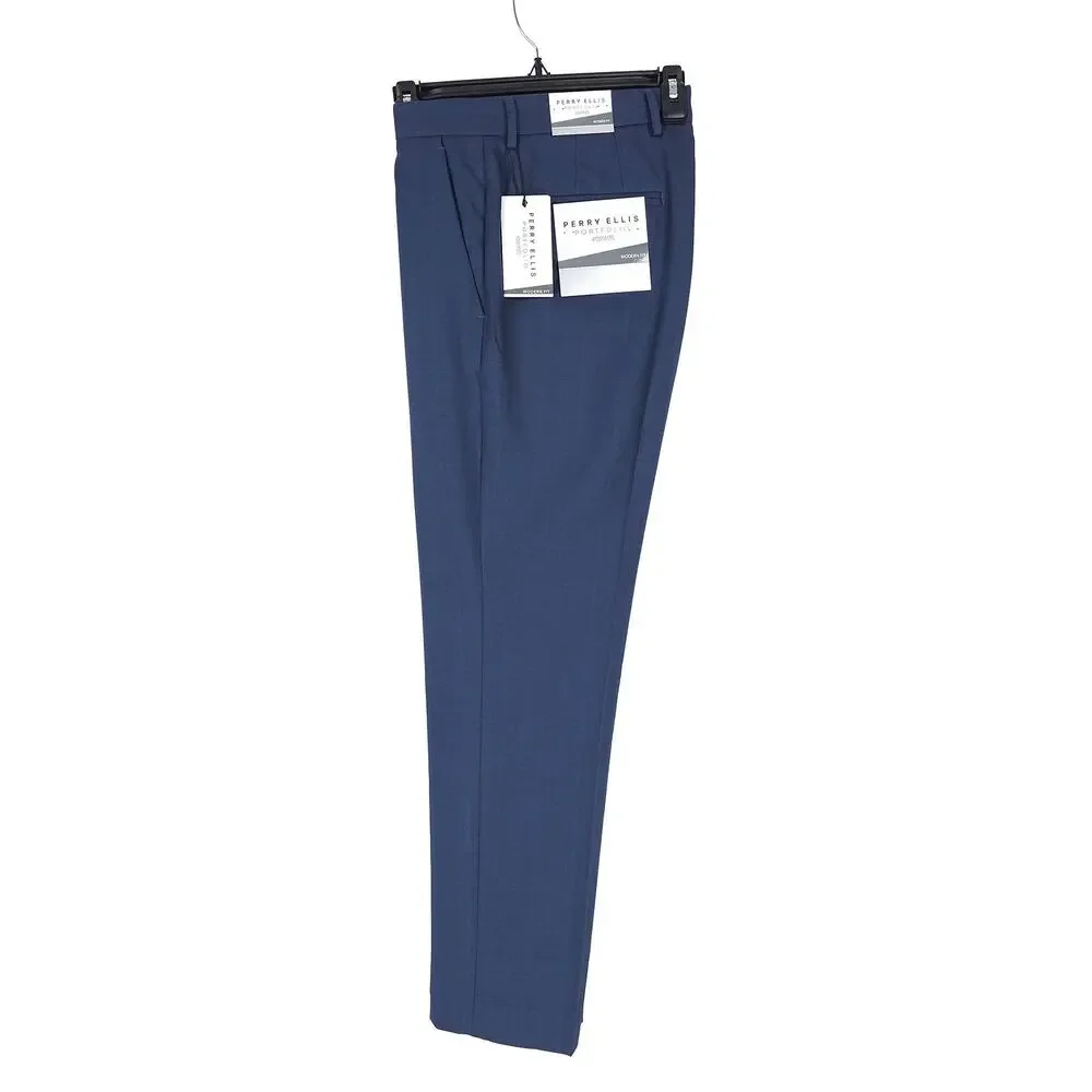 Perry Ellis Portfolio Mens Modern Fit Dress Pant 36x32 Indigo Blue Plaid Stretch